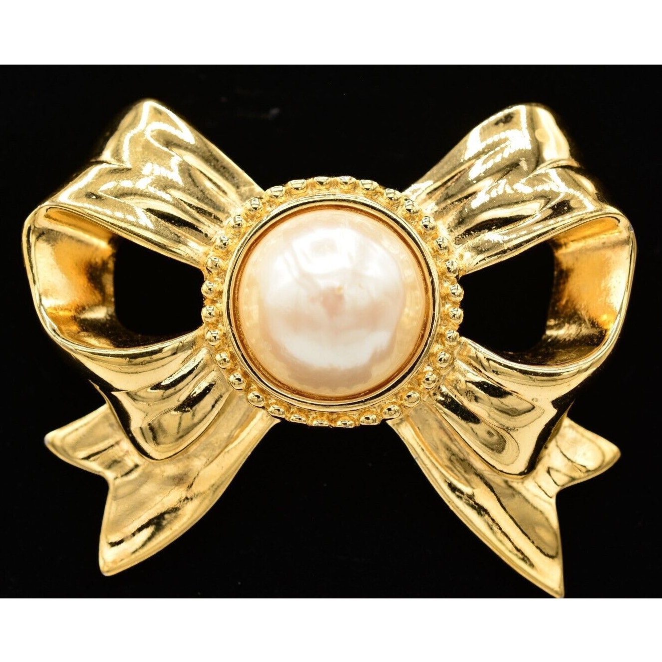 Givenchy Vintage Bow Pin Brooch Pearl Gold Large Chunky Designer Signed 80s Bin1